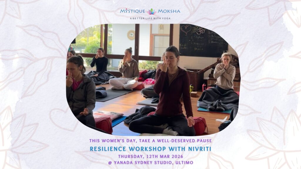 Special International Women's Day yoga event banner for Mystique Moksha wellness studio
