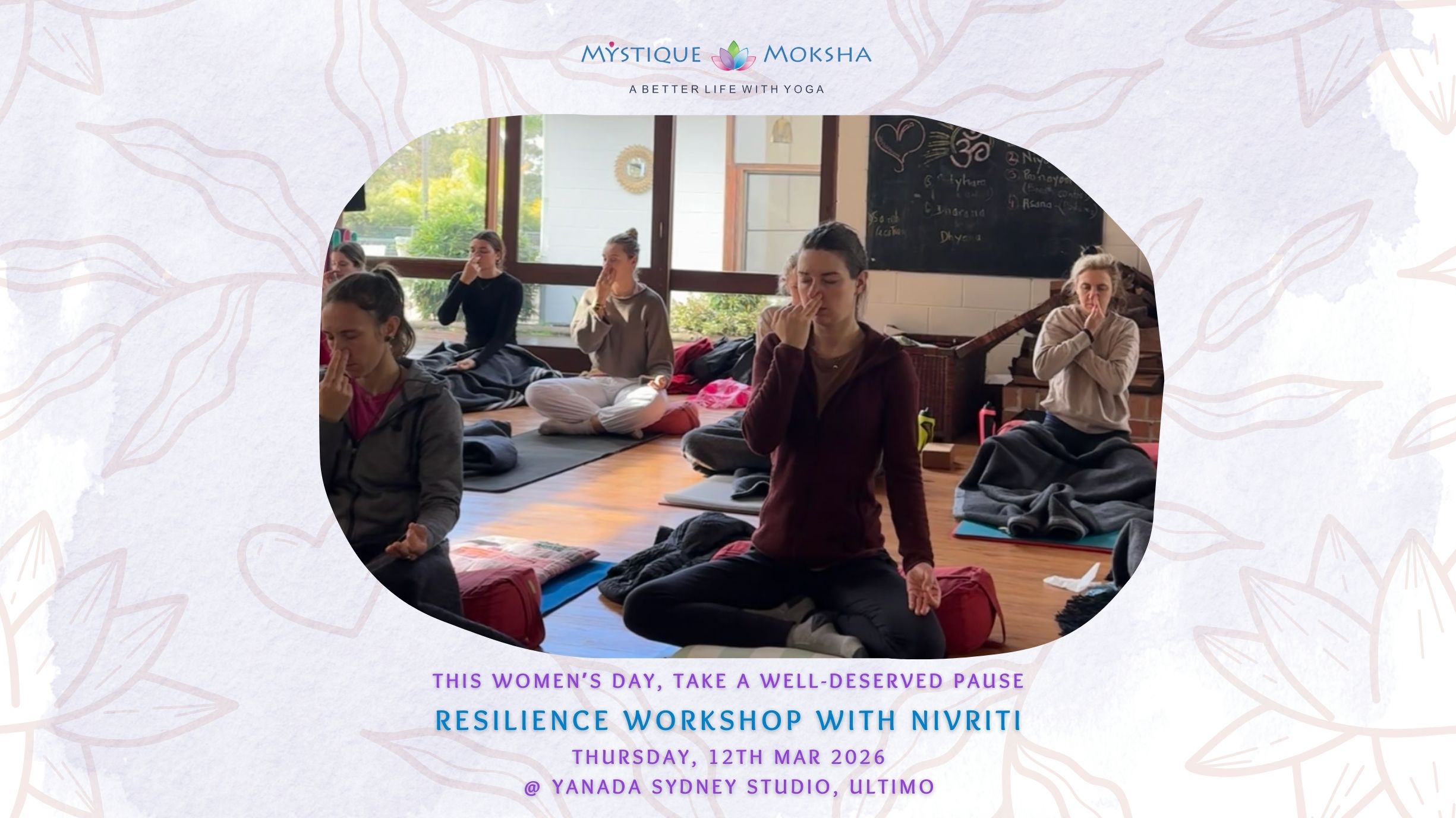 Special International Women's Day yoga event banner for Mystique Moksha wellness studio