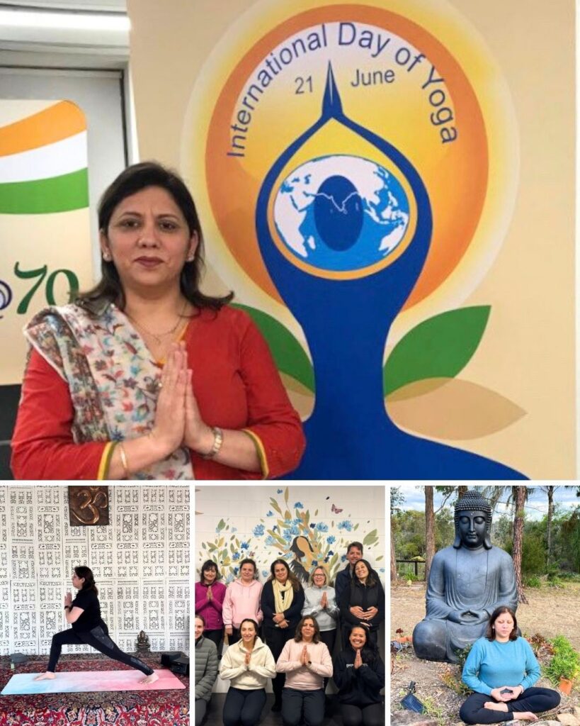 A celebratory collage for International Day of Yoga 2026 hosted by Mystique Moksha, themed 'Yoga for Self and Society.' The graphic features diverse practitioners in various yoga poses and details for the global celebration on June 21, 2026.